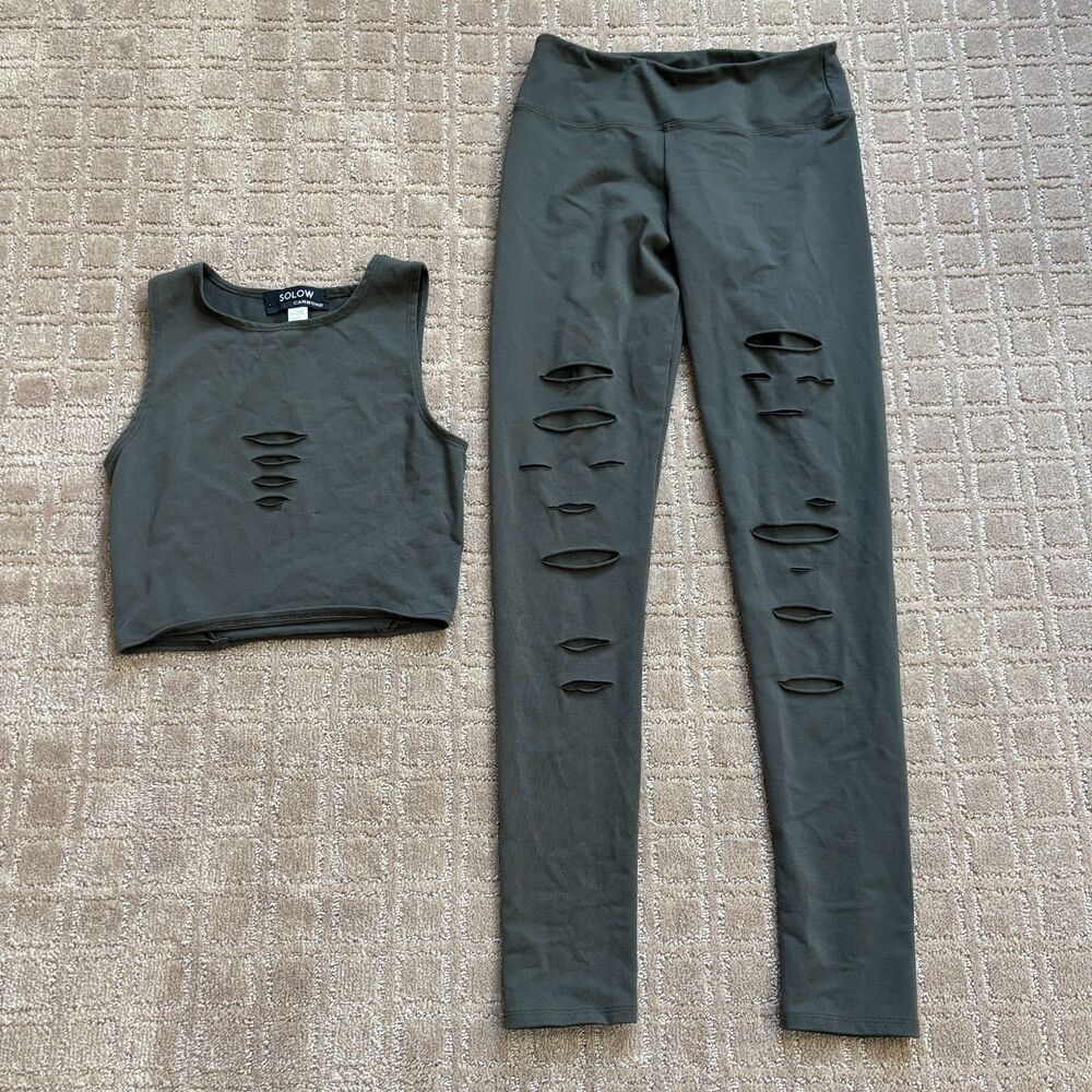 Solow Deconstructed Activewear Set Crop Top (S) Leggings (S) Gray Green Ripped